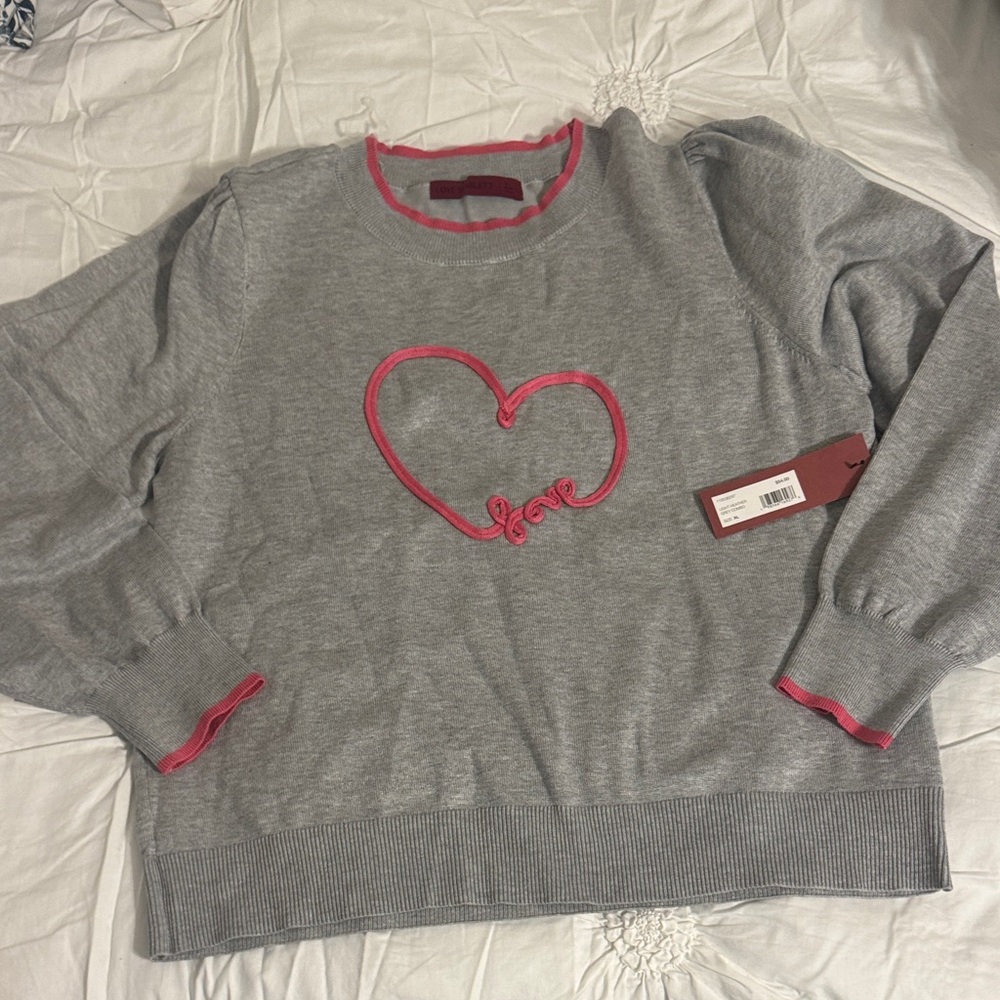Soft and comfy Gray and Pink Heart “Love” Sweater size XL NWT